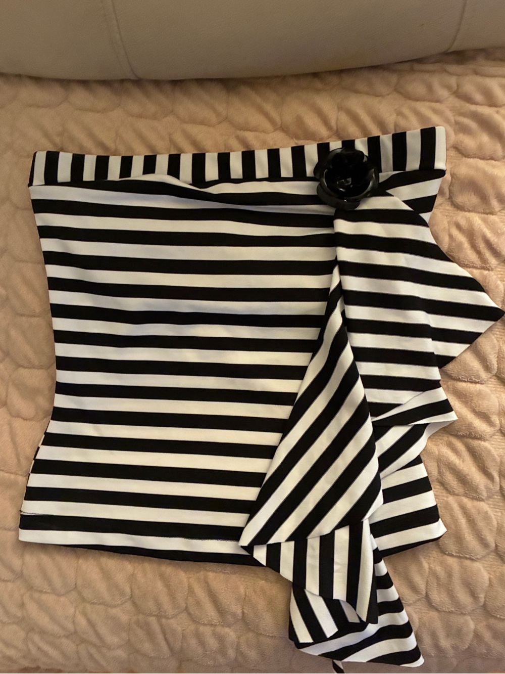 Hot Kiss Black & White Asymmetrical Striped Ruffle Tube Top